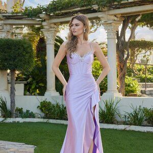 New Lilac Crystals Embellished Fashion Forward Gown w/ Corset Bodice JT2686A